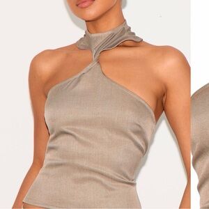 PrettyLittleThing Tan Asymmetric Halter Top